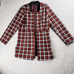 Long Line Fitted Blazer Red Plaid Faux Leather Collar Size XL Soho Apparel Ltd